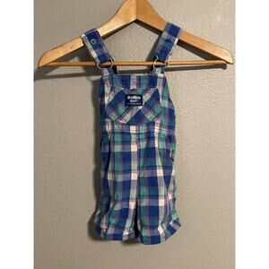 Vintage OshKosh Overalls Boys Size 2T Blue White Plaid Check Summer 90s FLAW